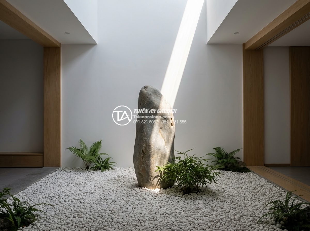 Tiểu Cảnh Giếng Trời - Zen-inspired skylight garden in Vietnamese modern home, negative space with whit