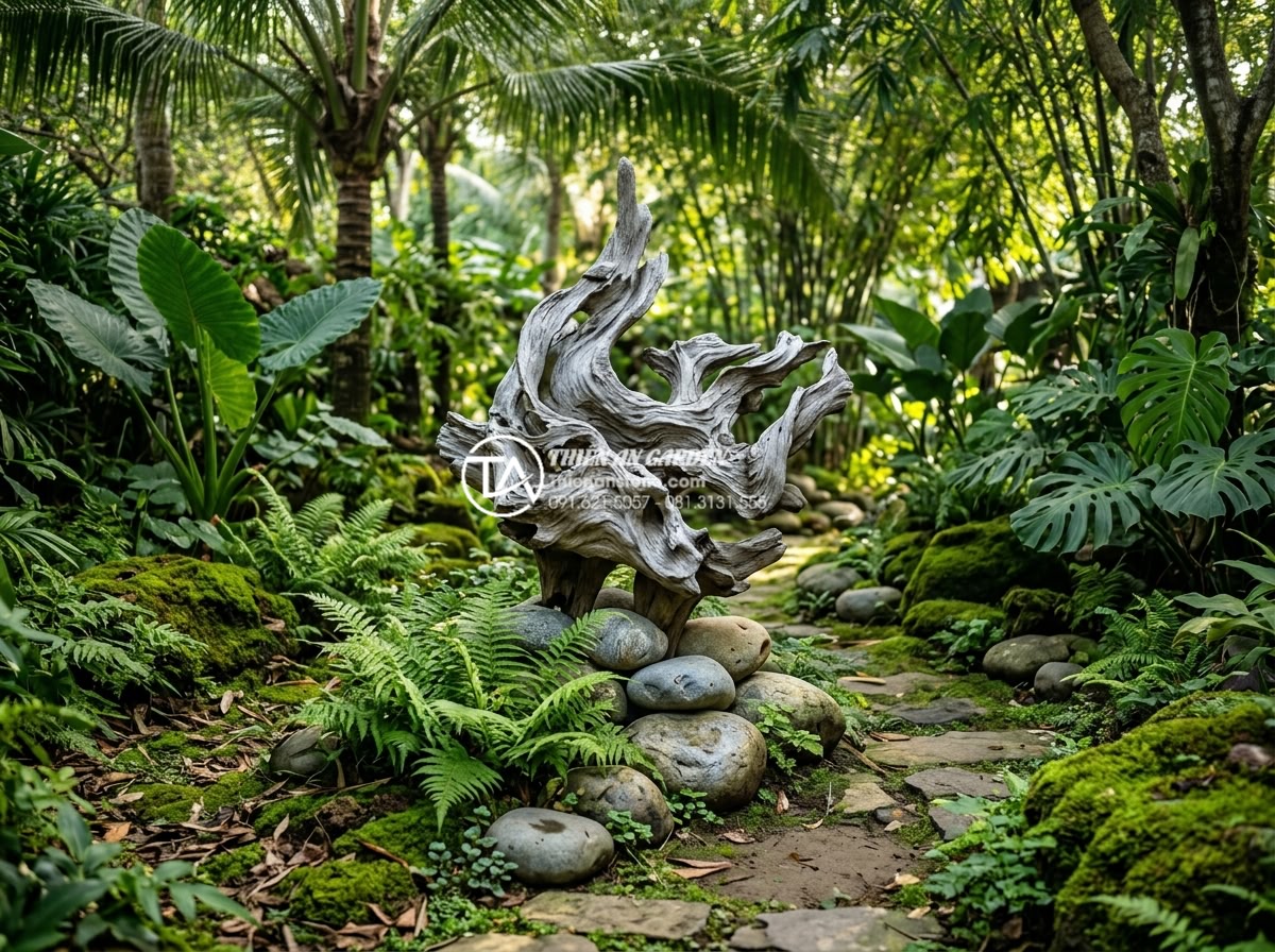 Tiểu Cảnh Gỗ Lũa - Ultra realistic photo of a beautiful driftwood sculpture placed in a lush Vietna