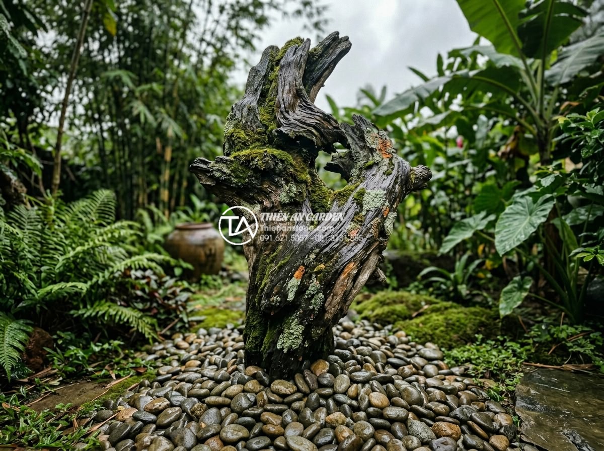 Tiểu Cảnh Gỗ Lũa - Weathered driftwood sculpture in an outdoor garden setting after rain, glistenin