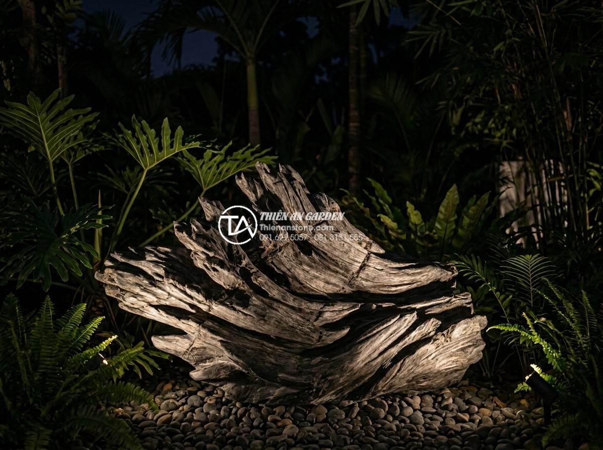 Tiểu Cảnh Gỗ Lũa - Driftwood garden sculpture illuminated by warm accent garden lights at night, dr