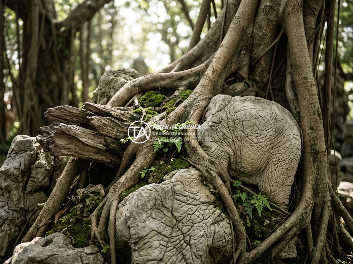 Tiểu Cảnh Gỗ Lũa - Detail shot of banyan tree roots embracing both driftwood and natural stone in a