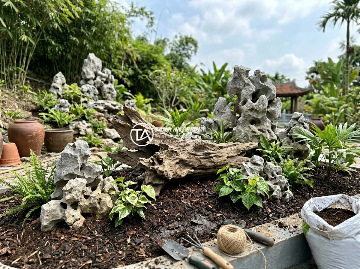 Tiểu Cảnh Gỗ Lũa - Garden designer carefully positioning a large driftwood piece in a prepared gard