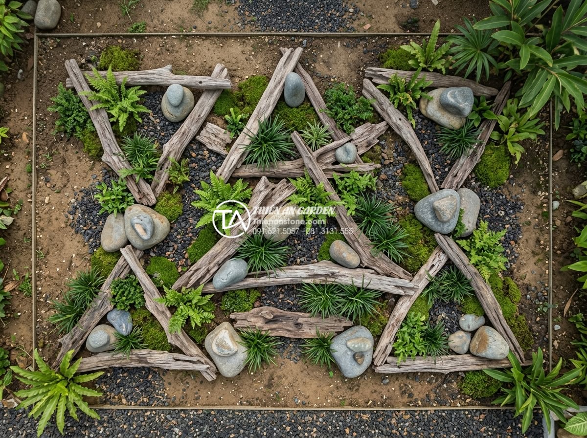 Tiểu Cảnh Gỗ Lũa - Overhead view of a well-composed driftwood garden arrangement showing triangular