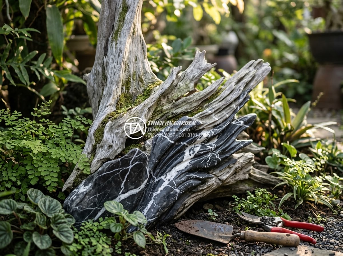 Tiểu Cảnh Gỗ Lũa - Close-up of a well-maintained driftwood garden sculpture showing beautiful natur
