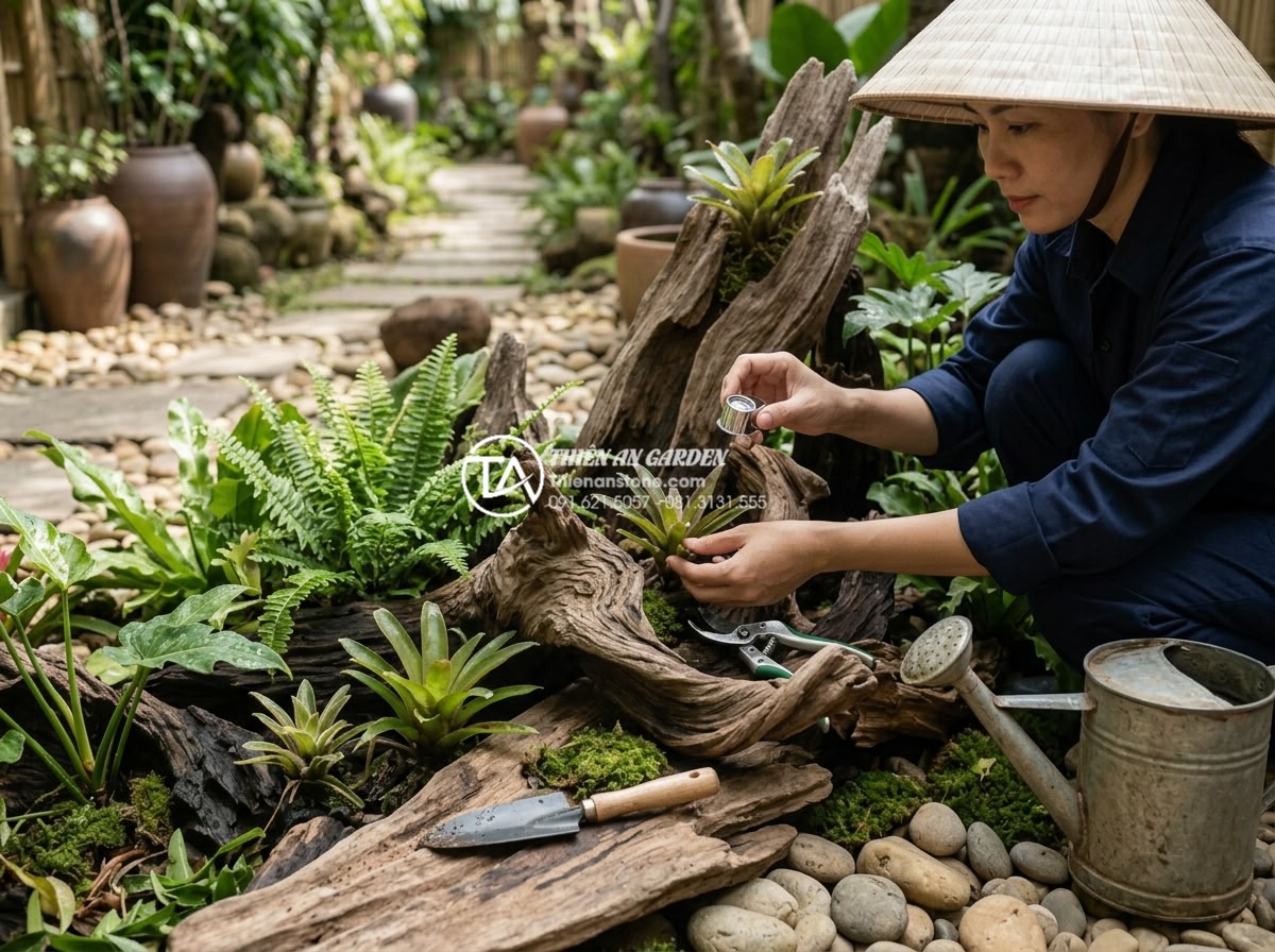 Tiểu Cảnh Gỗ Lũa - Gardener performing seasonal maintenance check on a driftwood garden installatio