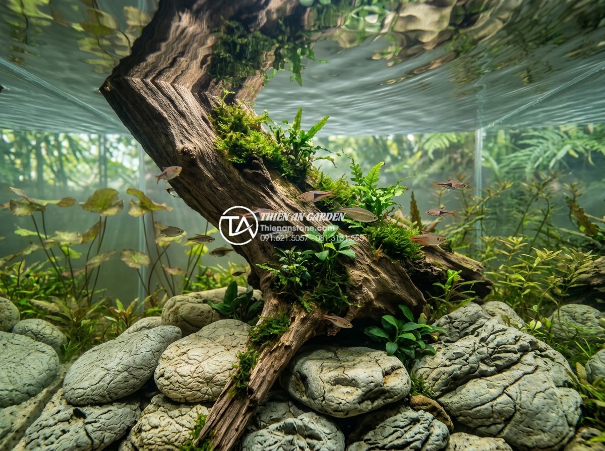 Tiểu Cảnh Gỗ Lũa - Driftwood piece partially submerged in a clear garden pond with small fish swimm