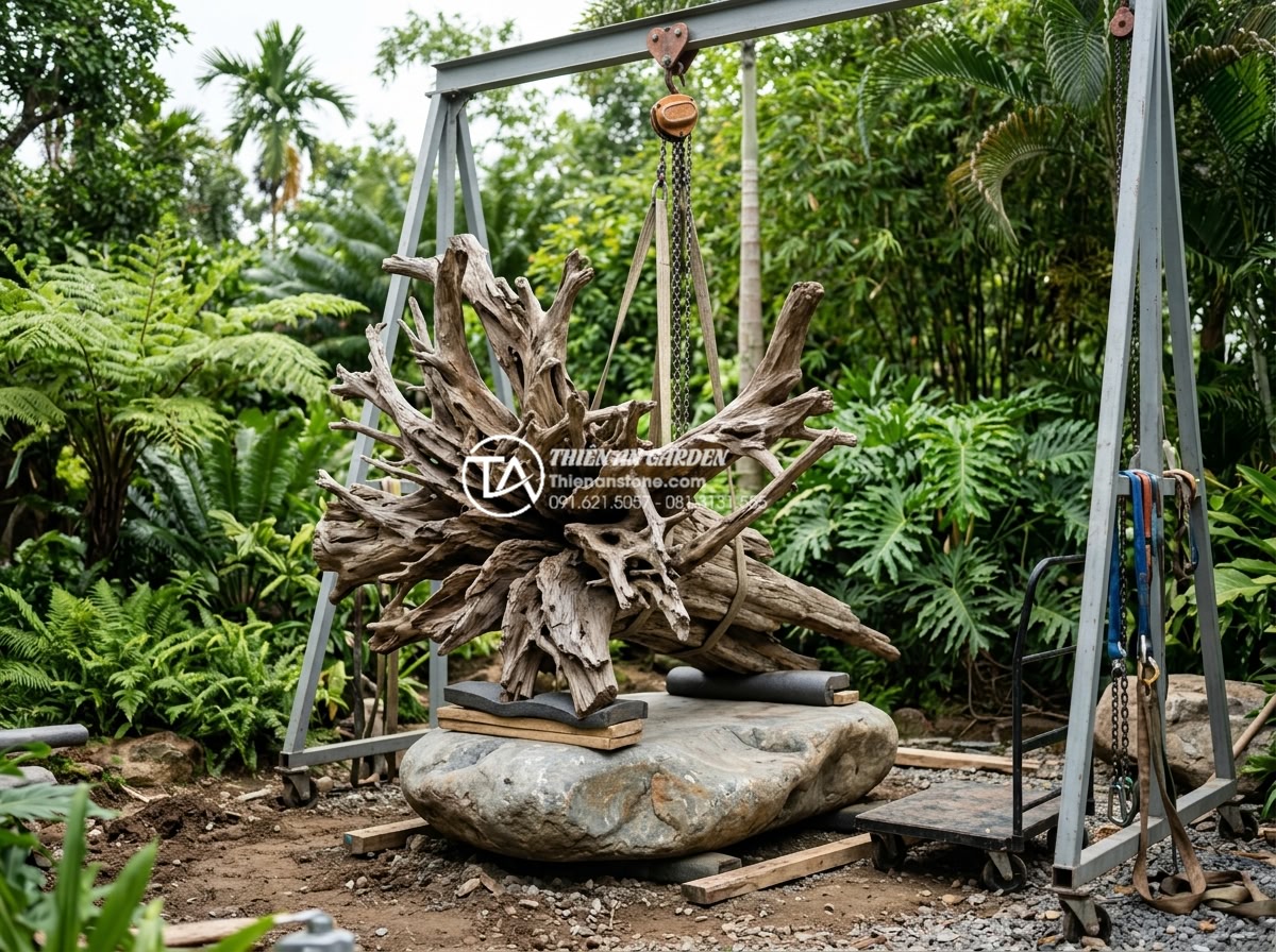 Tiểu Cảnh Gỗ Lũa - Professional team carefully transporting and installing a large driftwood sculpt