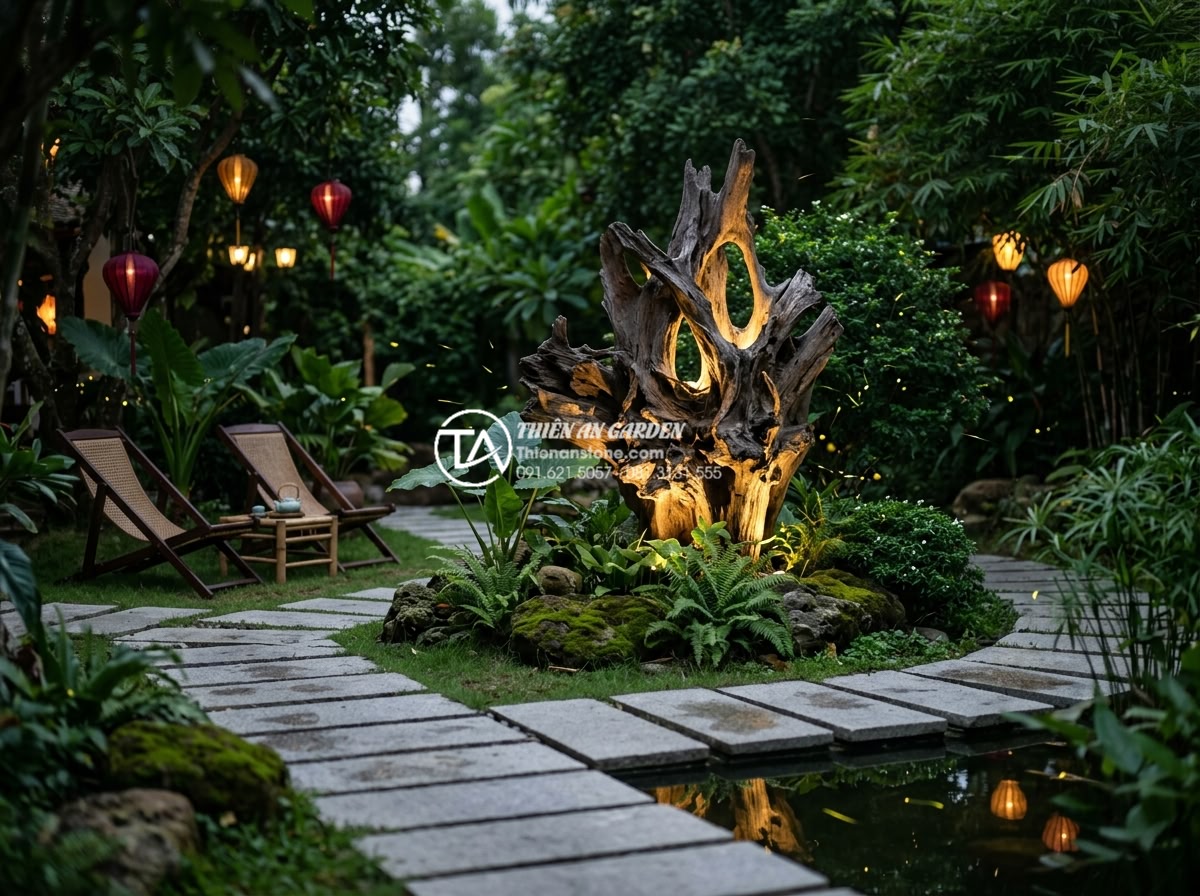 Tiểu Cảnh Gỗ Lũa - Peaceful evening garden scene with illuminated driftwood sculpture as centerpiec