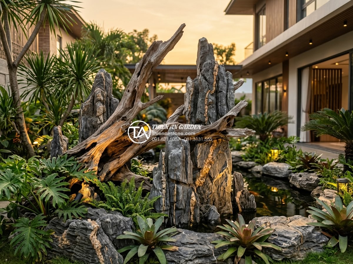 Tiểu Cảnh Gỗ Lũa - Stunning final panoramic view of a complete luxury garden featuring driftwood sc