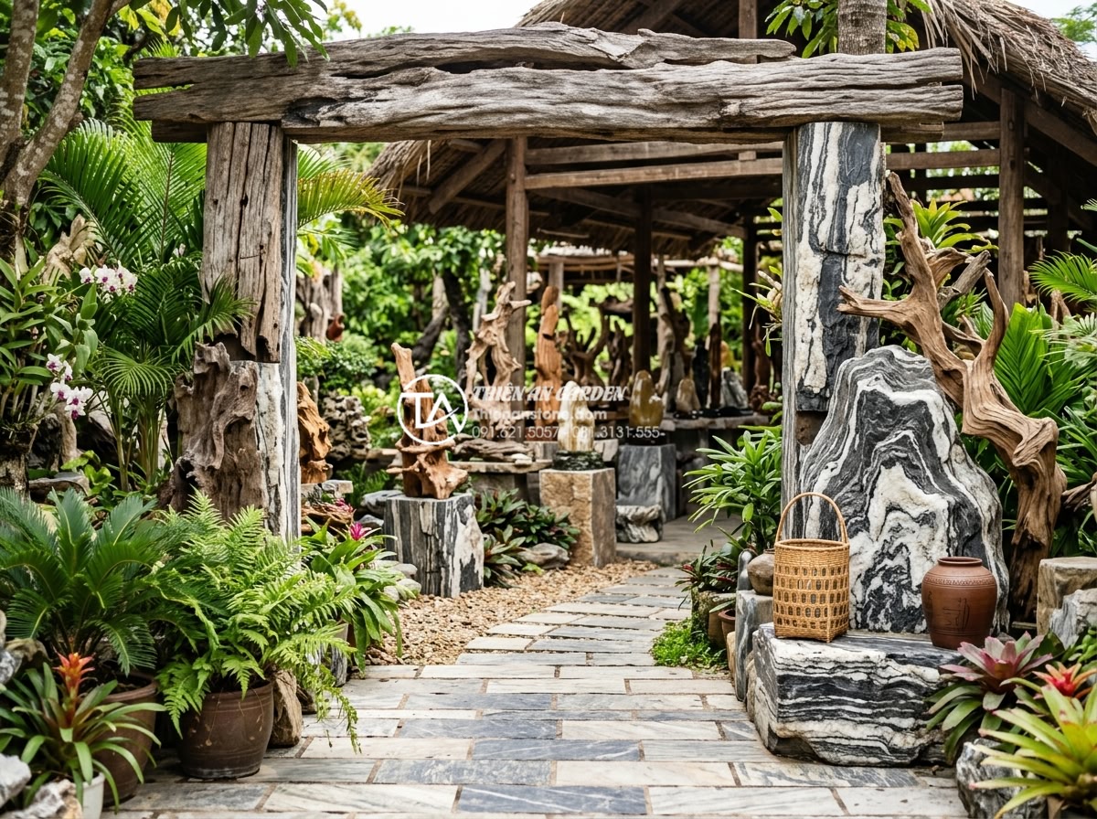 Tiểu Cảnh Gỗ Lũa - Warm welcoming photo of a natural stone and driftwood garden showroom entrance, 