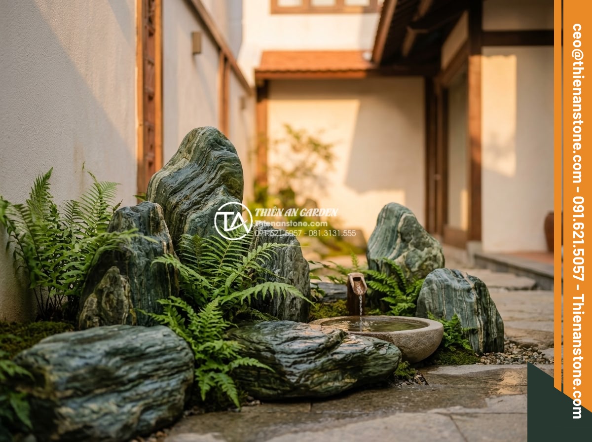 Tiểu Cảnh Góc Sân - Hình 1 Tiểu Cảnh Góc Sân - Ultra realistic photo of a small corner garden landscape with natural stones, gr