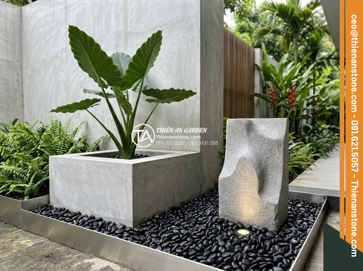 Tiểu Cảnh Góc Sân - Hình 10 Tiểu Cảnh Góc Sân - Modern minimalist corner garden with geometric concrete planter, single sculptur