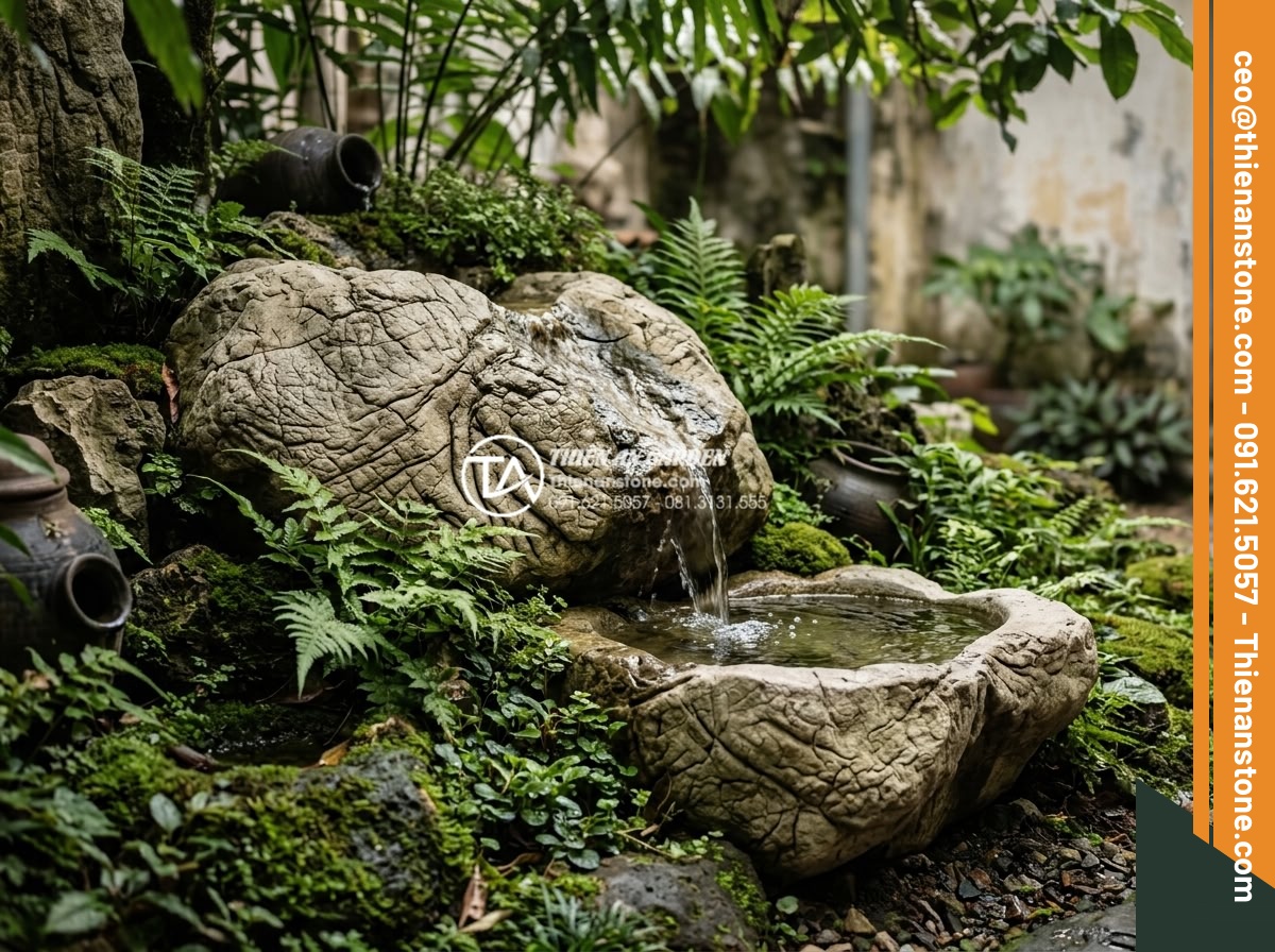 Tiểu Cảnh Góc Sân - Hình 11 Tiểu Cảnh Góc Sân - Corner garden with natural stone water feature, water flowing over textured ston