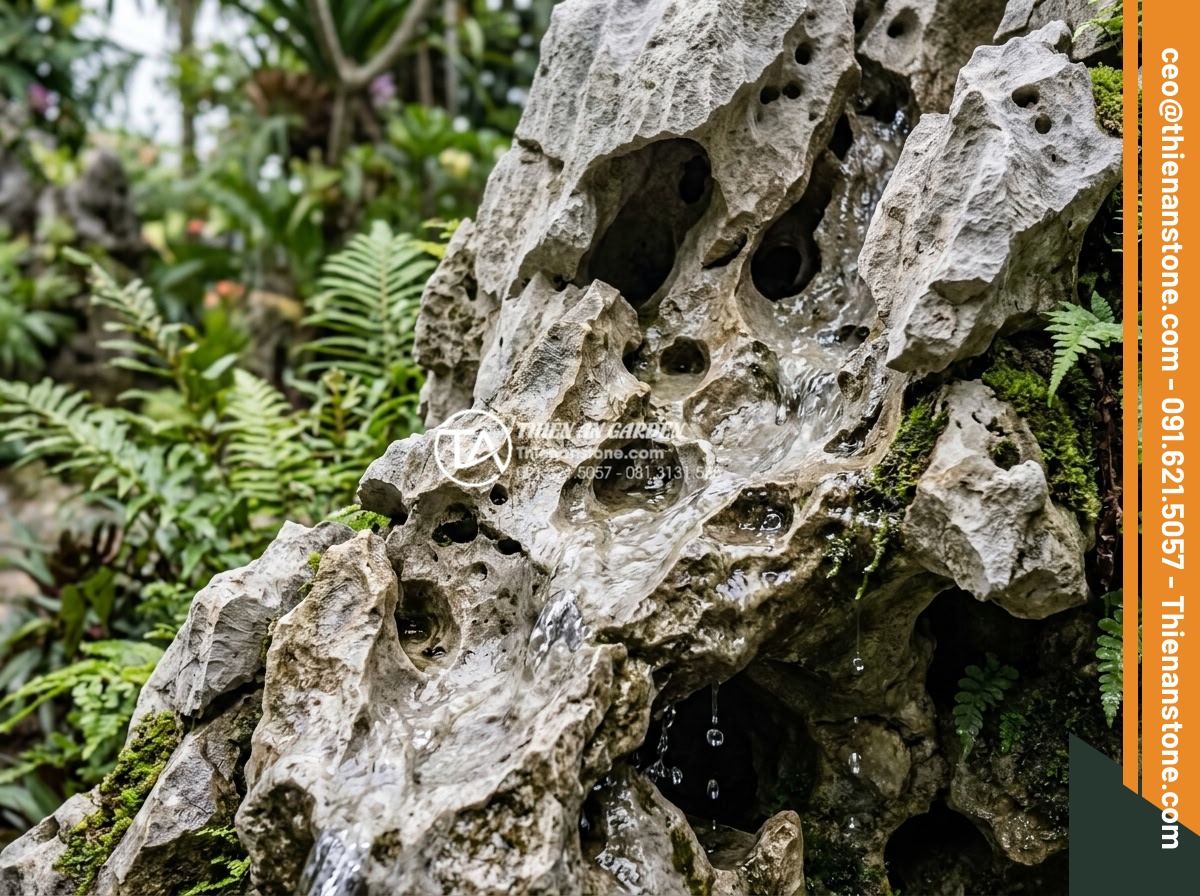 Tiểu Cảnh Góc Sân - Hình 12 Tiểu Cảnh Góc Sân - Close-up of water flowing over natural stone surface in a corner garden, water d