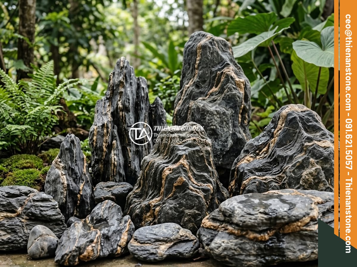 Tiểu Cảnh Góc Sân - Hình 13 Tiểu Cảnh Góc Sân - Collection of different natural stones for corner garden design - dark river sto
