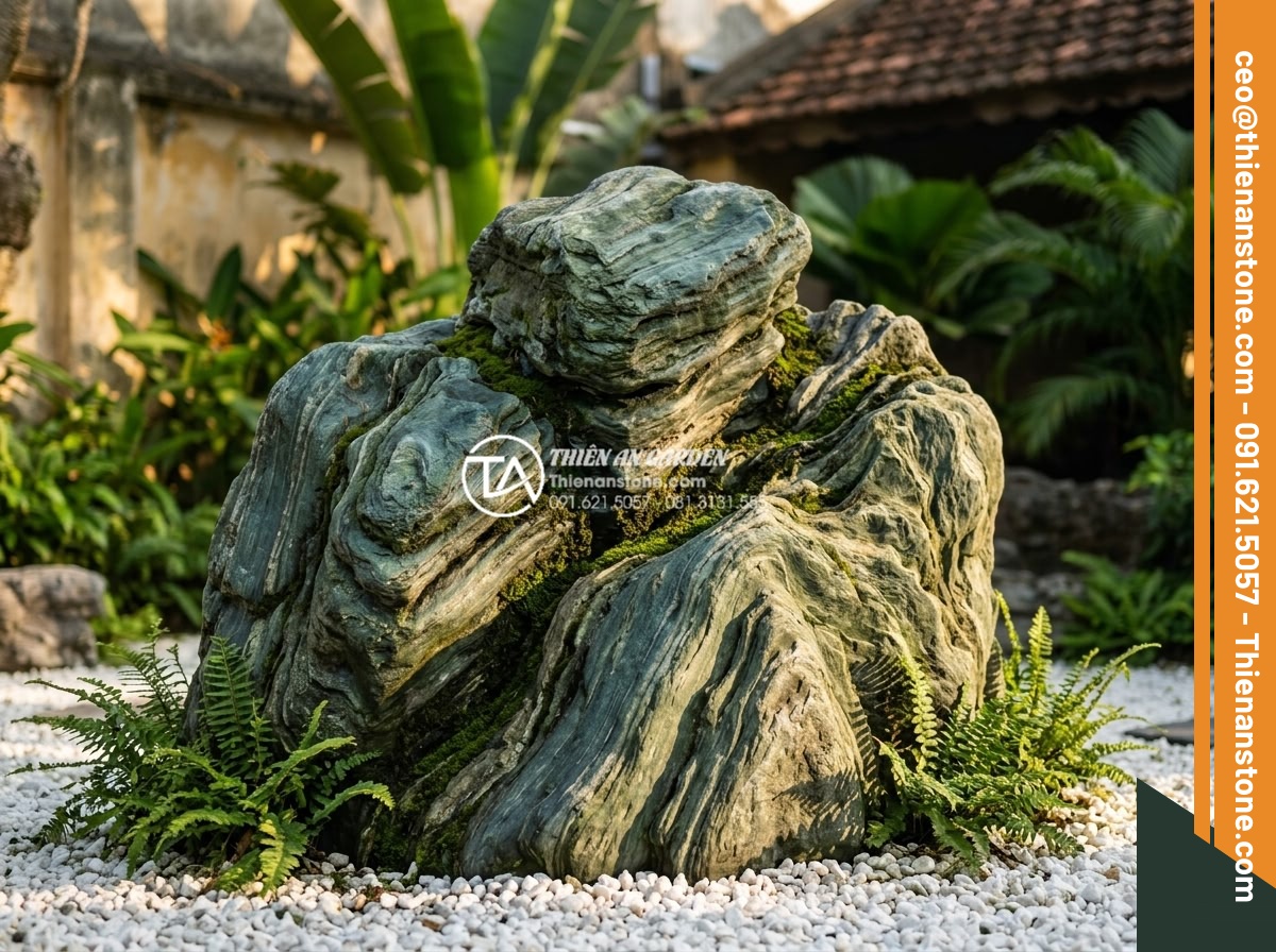 Tiểu Cảnh Góc Sân - Hình 15 Tiểu Cảnh Góc Sân - A single large natural landscape stone as focal point in a corner garden, dramat