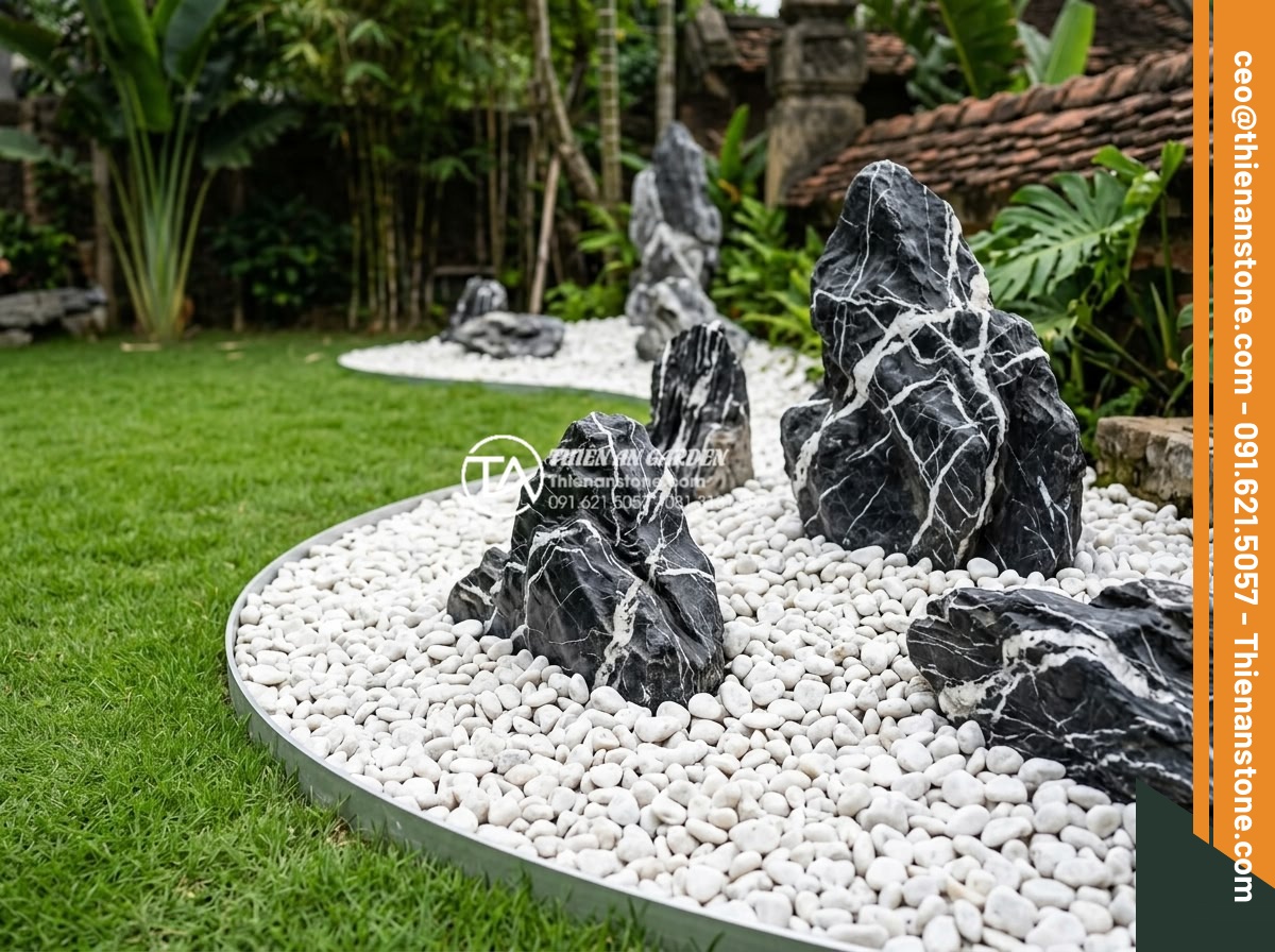 Tiểu Cảnh Góc Sân - Hình 16 Tiểu Cảnh Góc Sân - Beautifully graded decorative gravel in a corner garden, white pebbles with clea