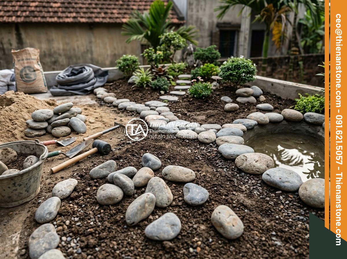 Tiểu Cảnh Góc Sân - Hình 17 Tiểu Cảnh Góc Sân - Professional landscape designer arranging natural stones in a corner garden cons