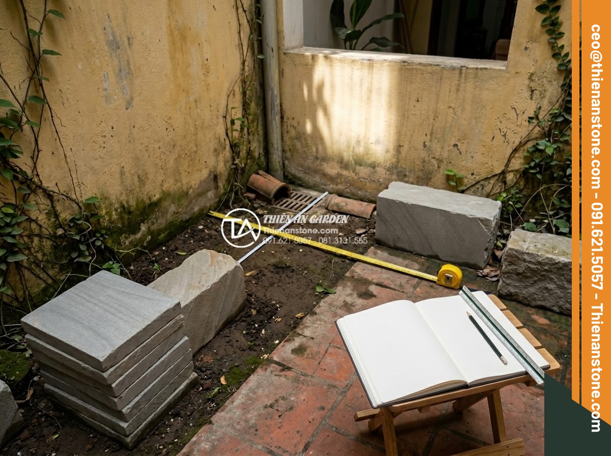 Tiểu Cảnh Góc Sân - Hình 18 Tiểu Cảnh Góc Sân - Landscape architect measuring a corner garden space in a Vietnamese townhouse, n