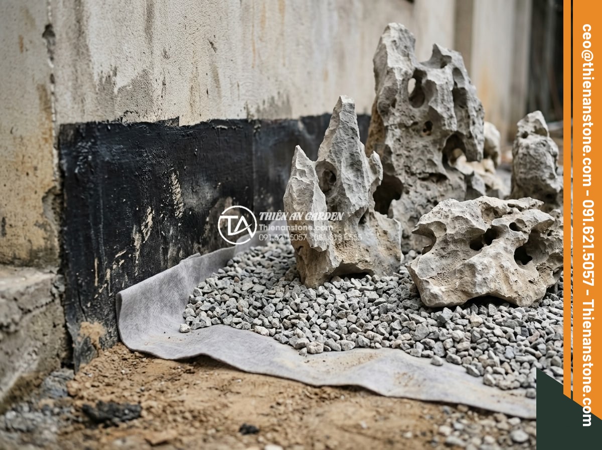 Tiểu Cảnh Góc Sân - Hình 19 Tiểu Cảnh Góc Sân - Construction of corner garden foundation showing drainage layer with gravel, geo
