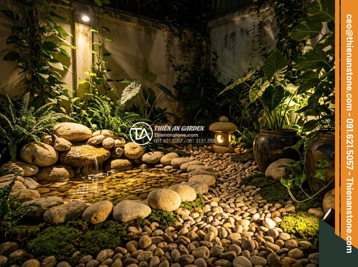 Tiểu Cảnh Góc Sân - Hình 24 Tiểu Cảnh Góc Sân - Corner garden at night with warm LED spot lighting on natural stone, dramatic sh