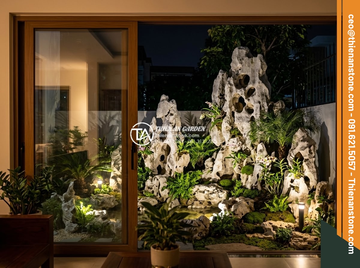 Tiểu Cảnh Góc Sân - Hình 26 Tiểu Cảnh Góc Sân - View from inside house looking through glass door at illuminated corner garden a