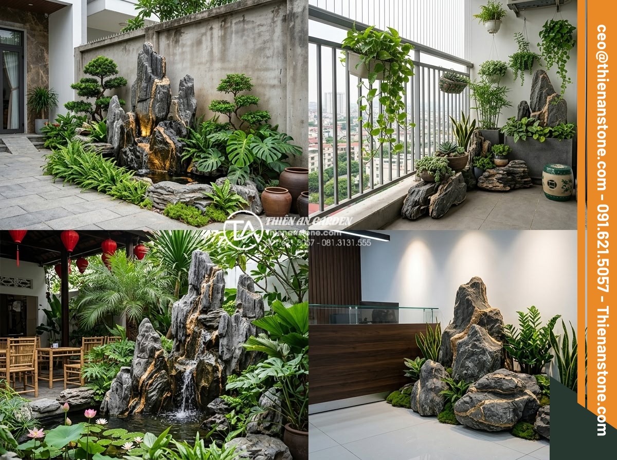Tiểu Cảnh Góc Sân - Hình 27 Tiểu Cảnh Góc Sân - Split image showing corner garden applications in different spaces - townhouse e