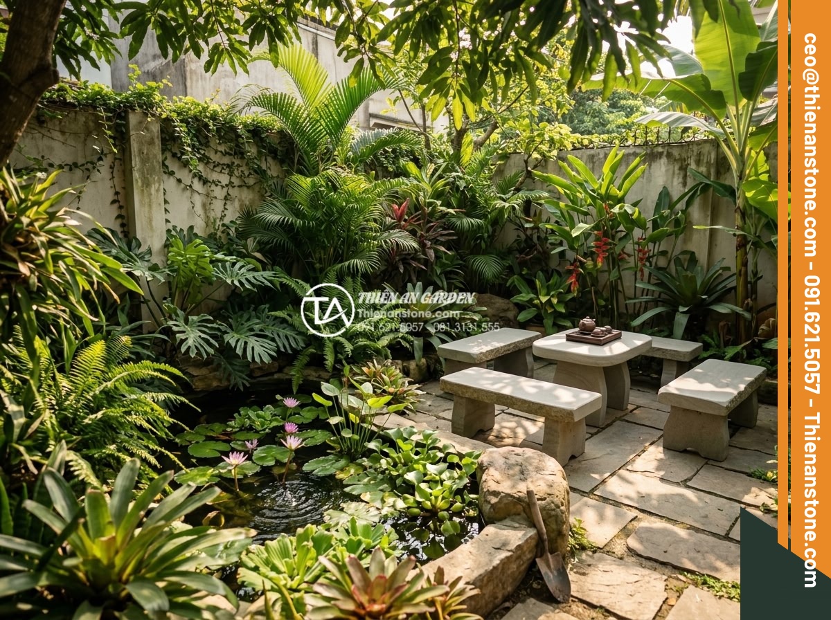 Tiểu Cảnh Góc Sân - Hình 29 Tiểu Cảnh Góc Sân - Private backyard corner garden with lush tropical plants, natural stone seating