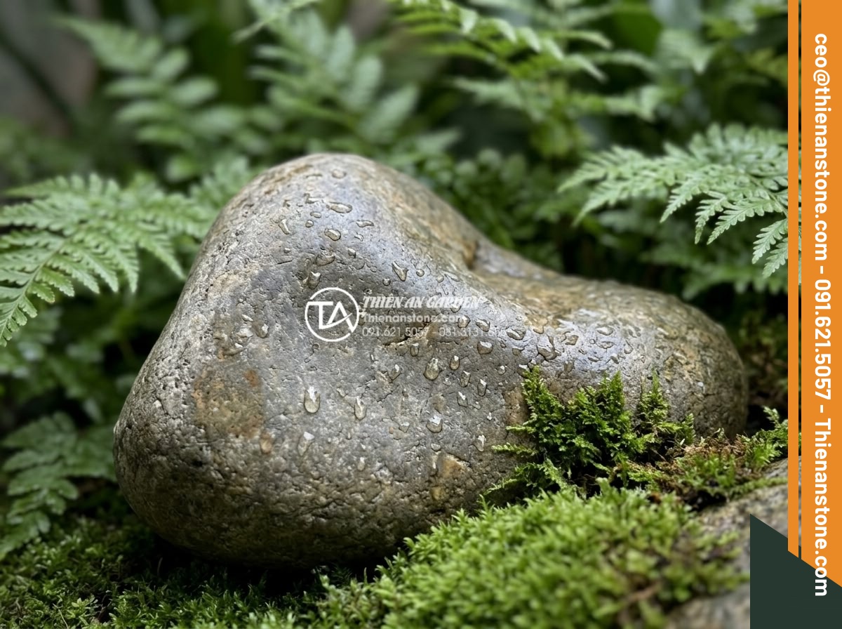 Tiểu Cảnh Góc Sân - Hình 3 Tiểu Cảnh Góc Sân - Close-up of natural stone arrangement in a corner garden with soft moss, delicat