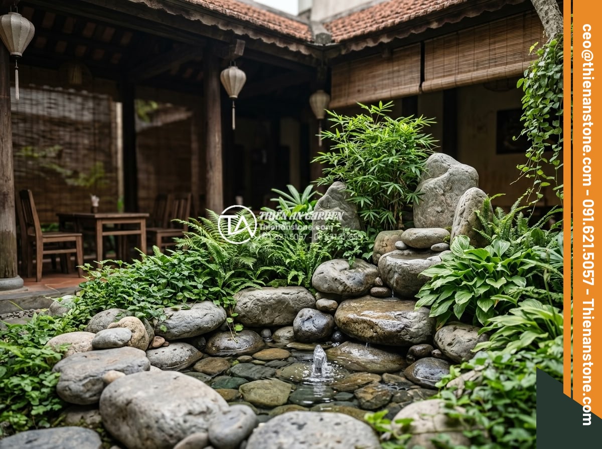 Tiểu Cảnh Góc Sân - Hình 31 Tiểu Cảnh Góc Sân - Beautiful corner garden in a Vietnamese coffee shop courtyard, natural stone arr
