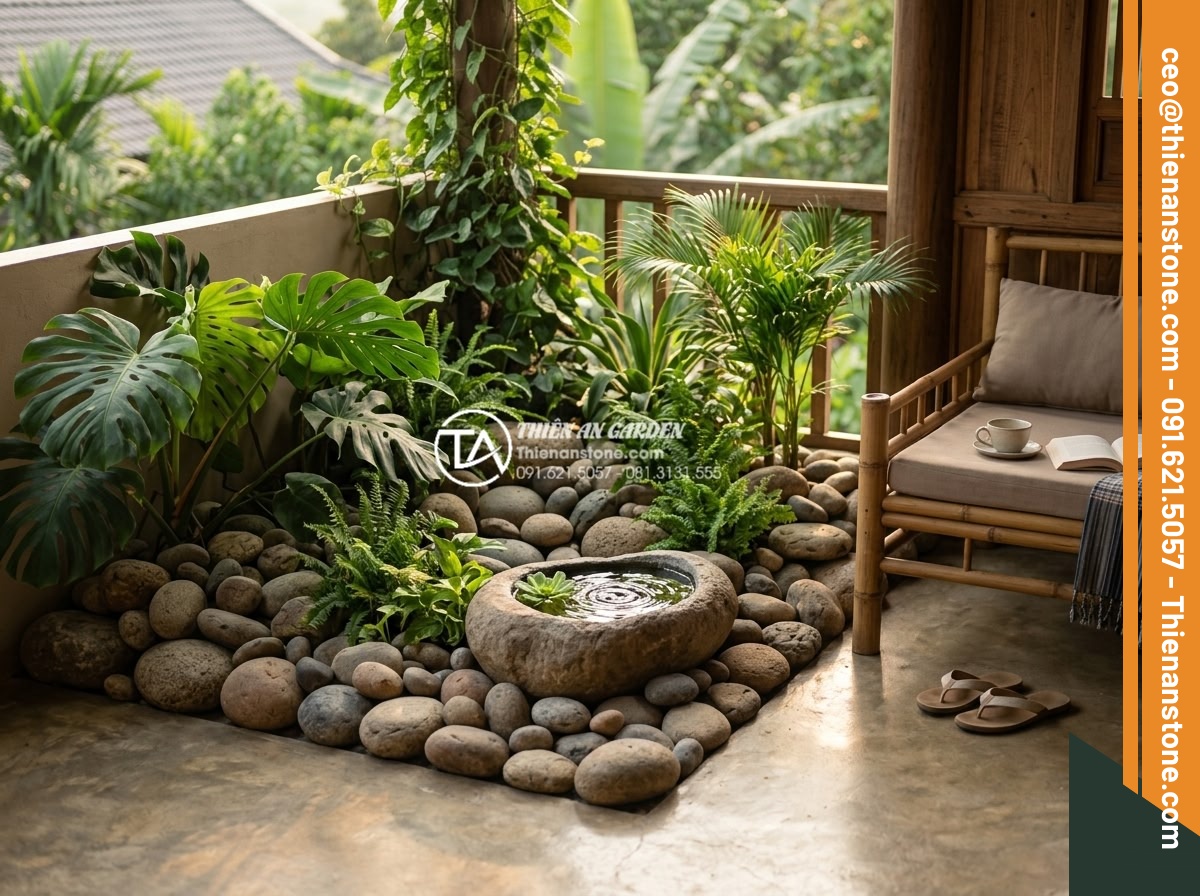 Tiểu Cảnh Góc Sân - Hình 32 Tiểu Cảnh Góc Sân - Corner garden in a boutique homestay room terrace, natural stones, tropical plan