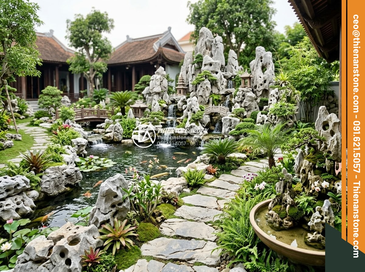 Tiểu Cảnh Góc Sân - Hình 33 Tiểu Cảnh Góc Sân - Panoramic view of a Vietnamese villa garden showing corner garden miniature land