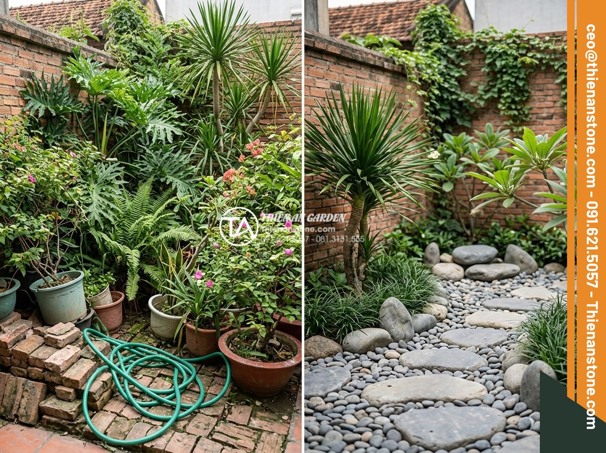 Tiểu Cảnh Góc Sân - Hình 36 Tiểu Cảnh Góc Sân - Before and after comparison of a corner garden - one showing common mistakes wit