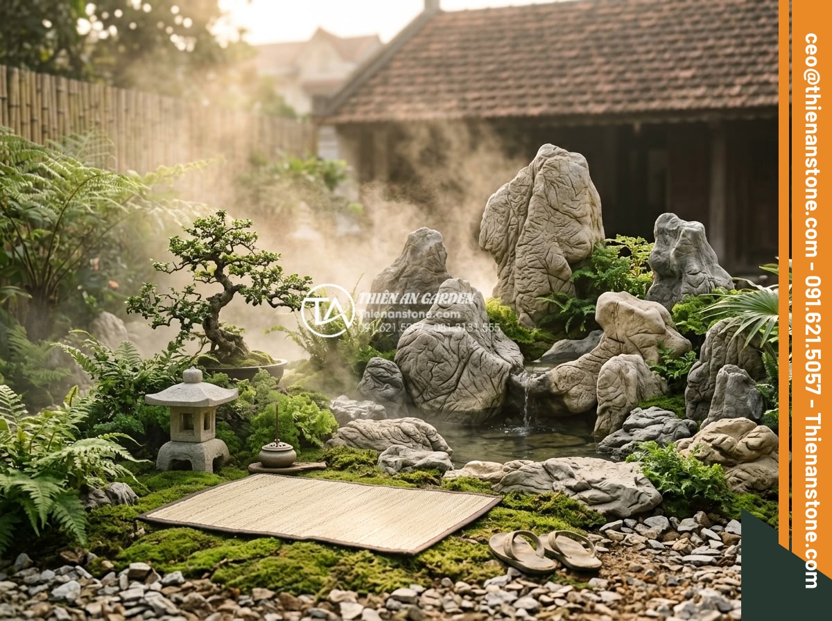 Tiểu Cảnh Góc Sân - Hình 39 Tiểu Cảnh Góc Sân - Person sitting peacefully beside a corner garden in morning meditation, natural