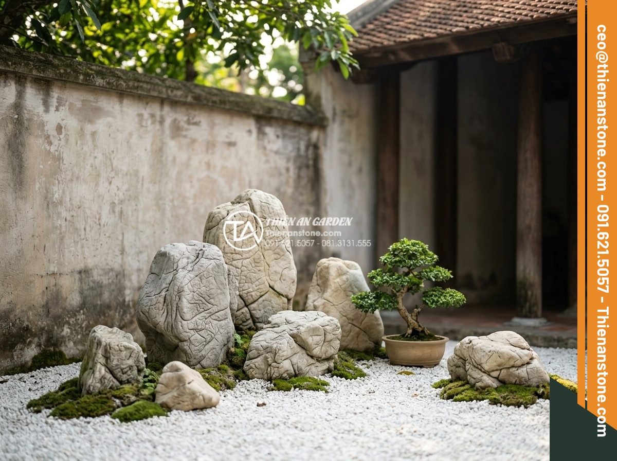 Tiểu Cảnh Góc Sân - Hình 4 Tiểu Cảnh Góc Sân - Medium shot of a zen-inspired corner garden with carefully placed natural stones