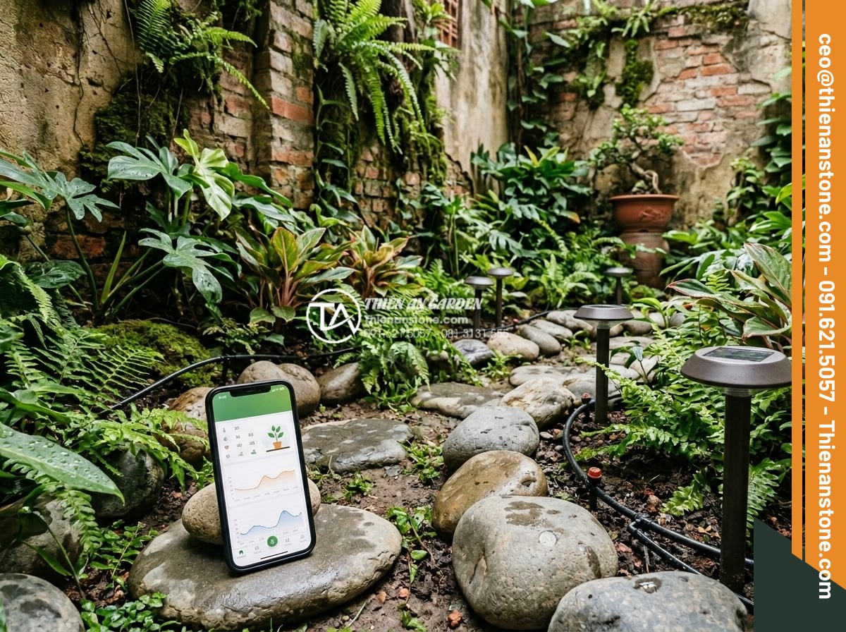 Tiểu Cảnh Góc Sân - Hình 40 Tiểu Cảnh Góc Sân - Smart garden technology in a corner garden - small solar LED lights, drip irriga