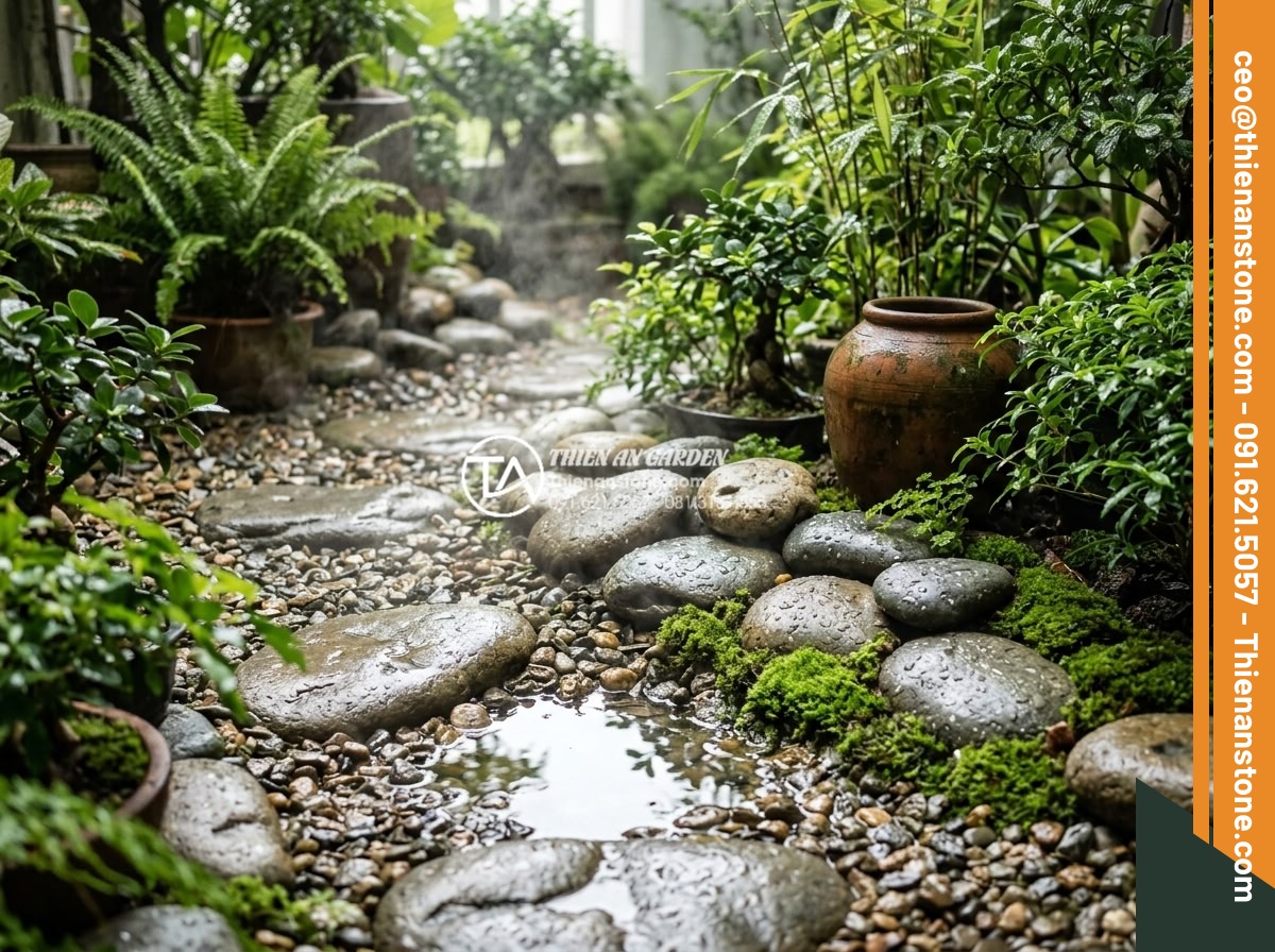 Tiểu Cảnh Góc Sân - Hình 42 Tiểu Cảnh Góc Sân - Poetic corner garden scene after rain, water droplets on stone surface, wet grav