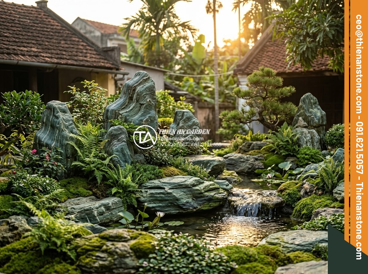 Tiểu Cảnh Góc Sân - Hình 43 Tiểu Cảnh Góc Sân - Final showcase image of a stunning completed corner garden at sunset, natural st