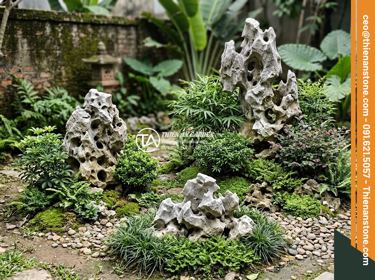 Tiểu Cảnh Góc Sân - Hình 5 Tiểu Cảnh Góc Sân - Diagram-style realistic photo showing triangular composition in a corner garden