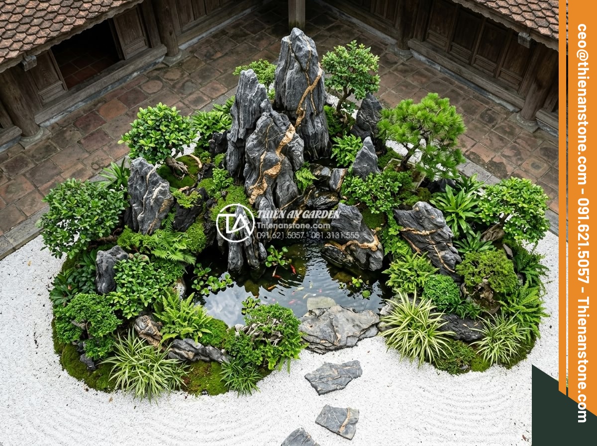 Tiểu Cảnh Góc Sân - Hình 6 Tiểu Cảnh Góc Sân - Top-down view of a corner garden miniature landscape showing perfect ratio betwe
