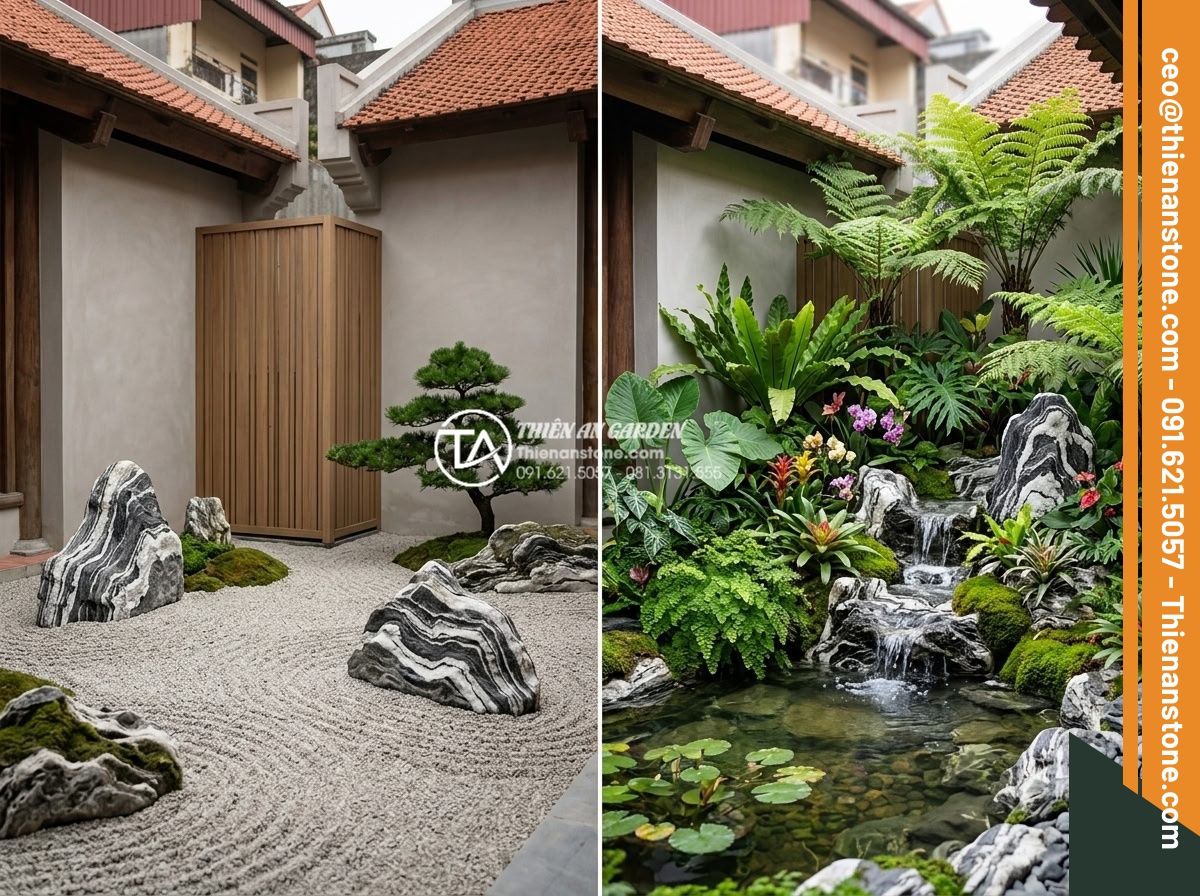 Tiểu Cảnh Góc Sân - Hình 7 Tiểu Cảnh Góc Sân - Side-by-side comparison of two corner garden styles - one Japanese zen minimalis
