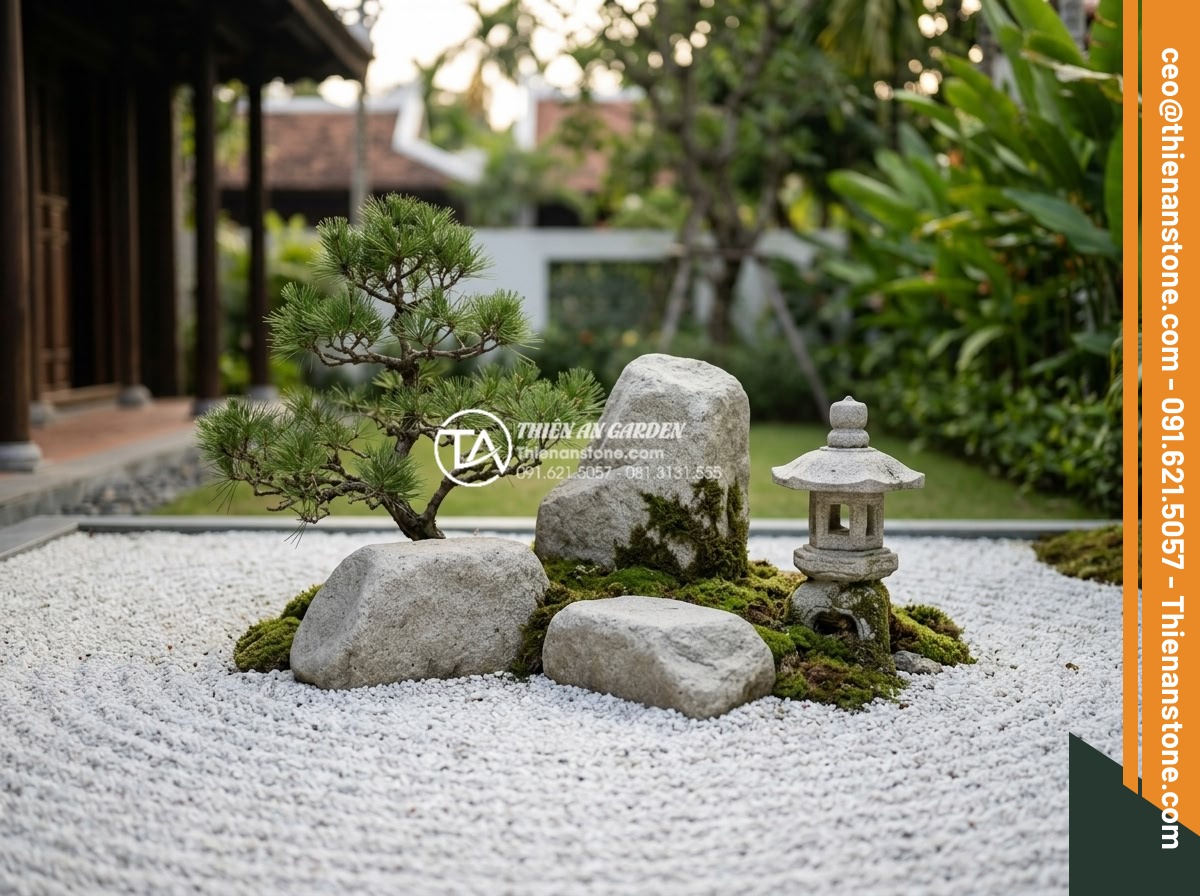 Tiểu Cảnh Góc Sân - Hình 8 Tiểu Cảnh Góc Sân - Ultra realistic photo of a small Japanese zen corner garden with white raked gra