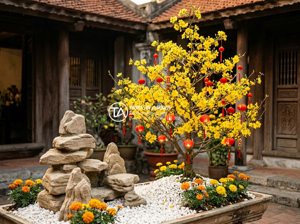 Tiểu Cảnh Hoa Tết - Ultra realistic photo of a traditional Vietnamese Tet flower miniature garden wi
