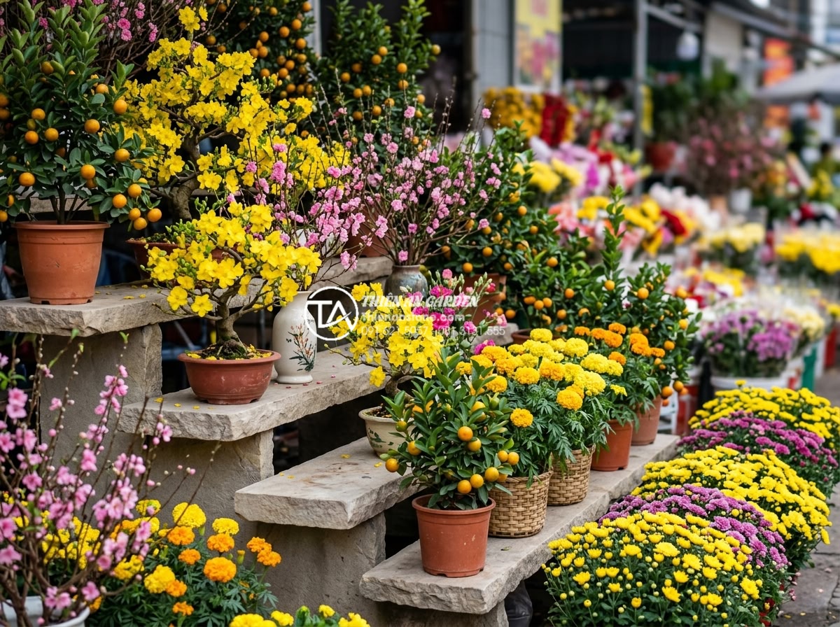 Tiểu Cảnh Hoa Tết - Variety display of traditional Vietnamese Tet flowers including yellow mai bloss