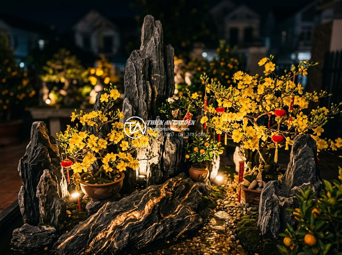 Tiểu Cảnh Hoa Tết - Night scene of Tet flower miniature garden illuminated by warm garden spotlights
