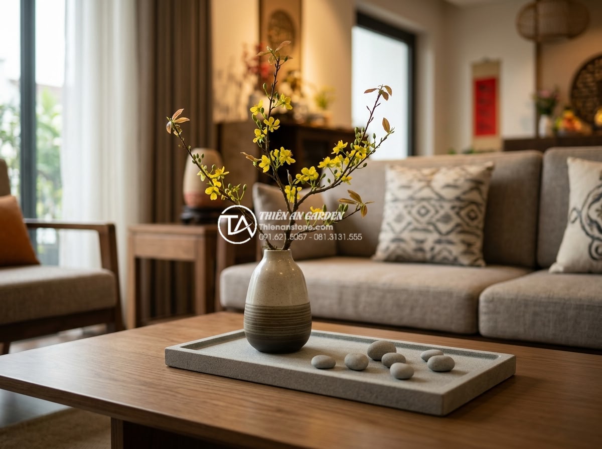 Tiểu Cảnh Hoa Tết - Indoor Tet flower miniature arrangement in a modern Vietnamese living room, eleg