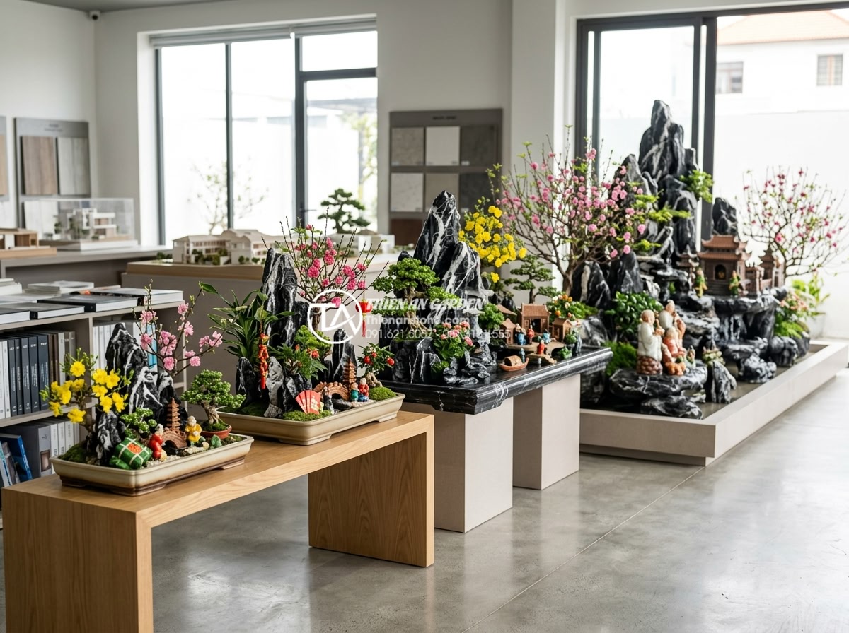 Tiểu Cảnh Hoa Tết - Professional display of various Tet flower miniature garden size options at a la