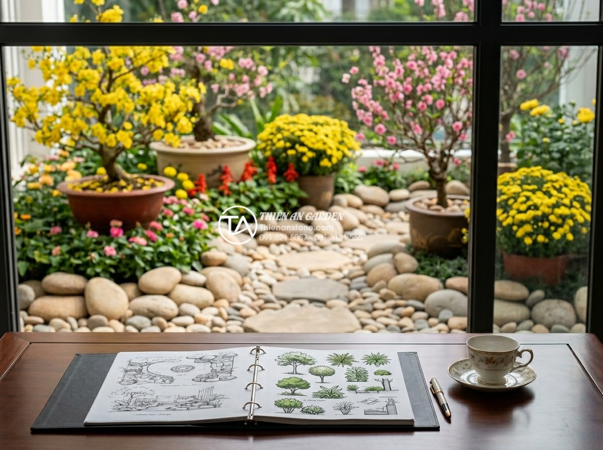 Tiểu Cảnh Hoa Tết - Elegant pricing consultation scene between landscape designer and homeowner, bea