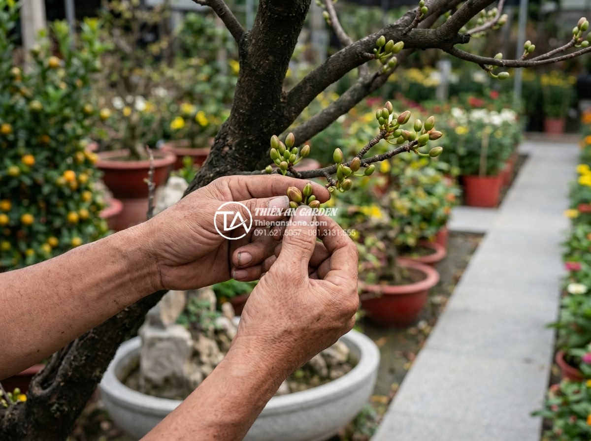 Tiểu Cảnh Hoa Tết - Close-up of a gardener examining mai blossom buds on a tree, checking readiness 