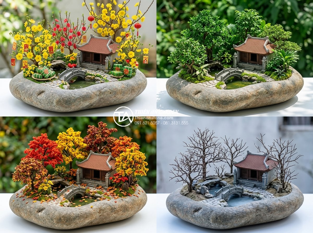 Tiểu Cảnh Hoa Tết - Four seasons transition of a garden miniature landscape feature, showing Tet flo